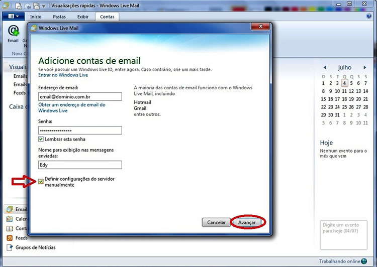 configuracao windows live mail